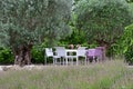 Provence style garden with purple chairs Royalty Free Stock Photo