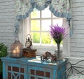 Provence style in interior. The composition by the window with lavender and antiques. 3D rendering.