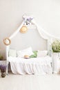 Provence style, rustic style! Shabby chic interior girly Provencal-style bedroom. Vintage room interior with white wrought-iron be Royalty Free Stock Photo