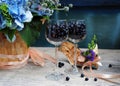 Provence summer still life with flowers, glasses and blueberry