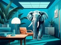 Proverb elephant in the room. Illustration of an elephant standing in a traditional business office