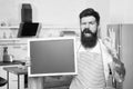 Providing training course. Bearded cook with ok sign holding blackboard in training school. Hipster man giving training