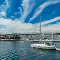 Provincetown, Cape Cod, Massachusetts, US - August 15, 2017 Yacht and his crew in marina Royalty Free Stock Photo