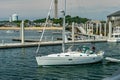 Provincetown, Cape Cod, Massachusetts, US - August 15, 2017 Yacht and his crew in marina Royalty Free Stock Photo