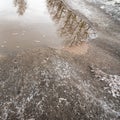 Provincial road with snow and puddle