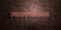 PROVISIONS - fluorescent Neon tube Sign on brickwork - Front view - 3D rendered royalty free stock picture