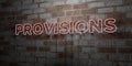 PROVISIONS - Glowing Neon Sign on stonework wall - 3D rendered royalty free stock illustration