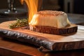 provolone cheese bubbling on cedar plank on open flame