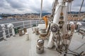 The prow of board of the Greenpeace Raimbow Worrior Boat, anchored in the port og Genoa, Italy.