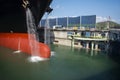 Prow front nose of anchored ship, Close up cargo ship moored at sea Royalty Free Stock Photo