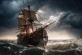 prow of pirate ship through stormy sea, with lightning bolts in the sky