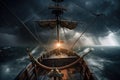 prow of pirate ship through stormy sea, with lightning bolts in the sky