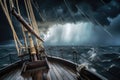 prow of pirate ship through stormy sea, with lightning bolts in the sky