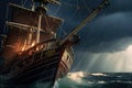 prow of pirate ship through stormy sea, with lightning bolts in the sky