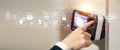 Proximity card door unlock, Hand security man using fingerprint scan on ID card reader access control system for identity