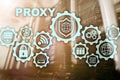 Proxy server. Cyber security. Concept of network security on virtual screen. Server room background.