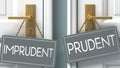 Prudent or imprudent as a choice in life - pictured as words imprudent, prudent on doors to show that imprudent and prudent are Royalty Free Stock Photo