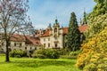 Spring view of romantic Pruhonice castle in a garden