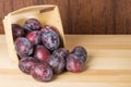 Prune plums spilling from wooden container Royalty Free Stock Photo