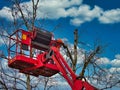 Pruner on cherry picker cutting tree in the air Royalty Free Stock Photo