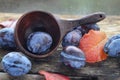 Prunes on a wooden background with yellow red autumn leaves