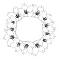 Prunus serrulata - Cherry blossom, Sakura Outline Wreath isolated on White Background. Vector Illustration