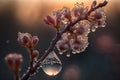 Prunus serrulata with frozen drops of water during a sunset