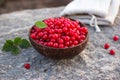 Prunus tomentosa or nanking cherry harvest in a cocnut bowl on a stone outdoors in summer. Countryside vacation concept