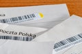 Detail with barcodes of register letters. Poczta Polska letter barcodes