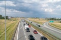 Very long traffic jam to toll station of A1 highway in Poland.