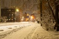 Pryluky, Chernihiv, Ukraine - 02/15/2021: Snow-covered evening streets of a small Eastern European town