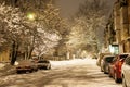 Pryluky, Chernihiv, Ukraine - 02/15/2021: Snow-covered evening streets of a small Eastern European town