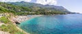 PRZNO, BUDVA RIVIERA AREA, MONTENEGRO, AUGUST 2, 2014: Panoramic view of the largest beach with many people in lagoon in Przno cit