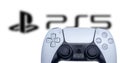 PS5 gamepad banner with defocused playstation logo. Black and white playstation 5 controller with branding name on the back Royalty Free Stock Photo