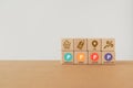 4P, Product, Price, Place, Promotion, text on wooden cube blocks with icons including copy space for marketing strategy concept