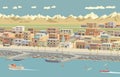 Pseudo isometric 3D panorama of the beautiful seaside panorama of Middle East town in summer.