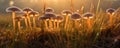 Psilocybe Cubensis Golden Ticher Mushrooms in Grass at Sunset