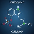 Psilocybin alkaloid molecule. It is naturally psychedelic prodrug. Structural chemical formula on the dark blue background