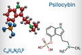 Psilocybin alkaloid molecule. It is naturally psychedelic prodrug. Structural chemical formula and molecule model Royalty Free Stock Photo