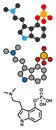 Psilocybin psychedelic mushroom molecule. Prodrug of psilocin. Stylized 2D renderings and conventional skeletal formula.