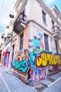 Road with colorful graffiti at Psirri neighborhood Monastiraki Athens Greece