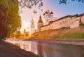 Pskov church and kremlin with blue cloudy sky