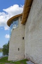 Pskov, a fragment of the restored wall of the Roundabout city and the Varlamov Square tower