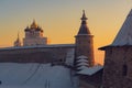 Pskov kremlin. Russian winter. Sunset in Pskov Royalty Free Stock Photo