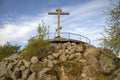 Memorial cross on the Sacred Hill close-up. Pskov region, Russia