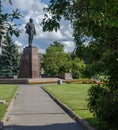 PSKOV RUSSIA AUG 2018 view of statue of Lenin on central square of Pskov city