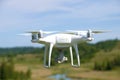 Flying quadrocopter `Phantom 4 Edvanced` close-up Royalty Free Stock Photo