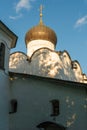 Pskov, Russia, September 6, 2023. The dome of an old church against the background of the autumn sky.