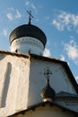 Pskov, Russia, September 6, 2023. Fragment of a temple in a typical Pskov architectural style.