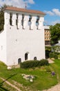 Pskov, Russia, September 6, 2023. Lawn near the belfry of the Church of the Assumption.